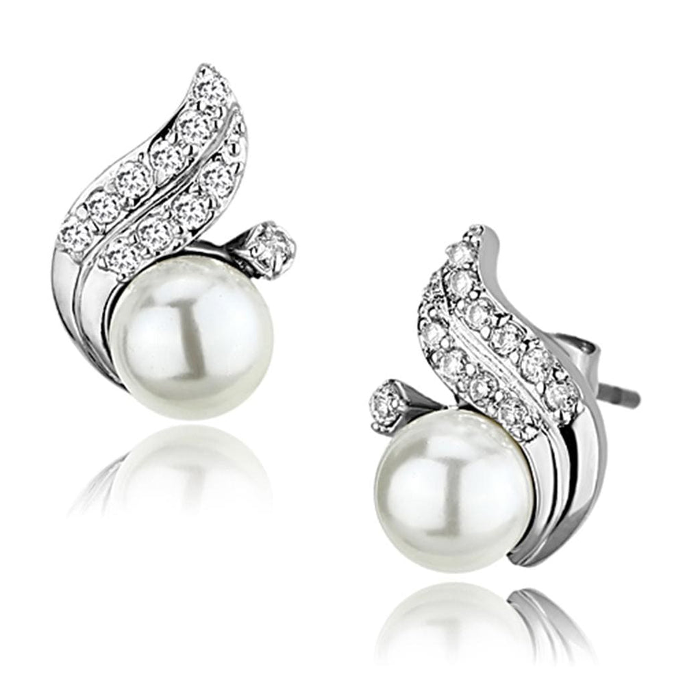 3W365 - Rhodium Brass Earrings with Synthetic Pearl in White - Alamode