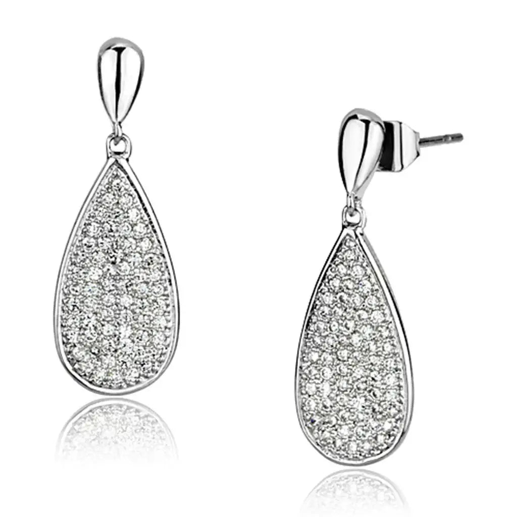 3W380 - Rhodium Brass Earrings with AAA Grade CZ in Clear - Alamode - Flyclothing LLC