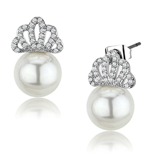 3W383 - Rhodium Brass Earrings with Synthetic Pearl in White - Alamode - Flyclothing LLC