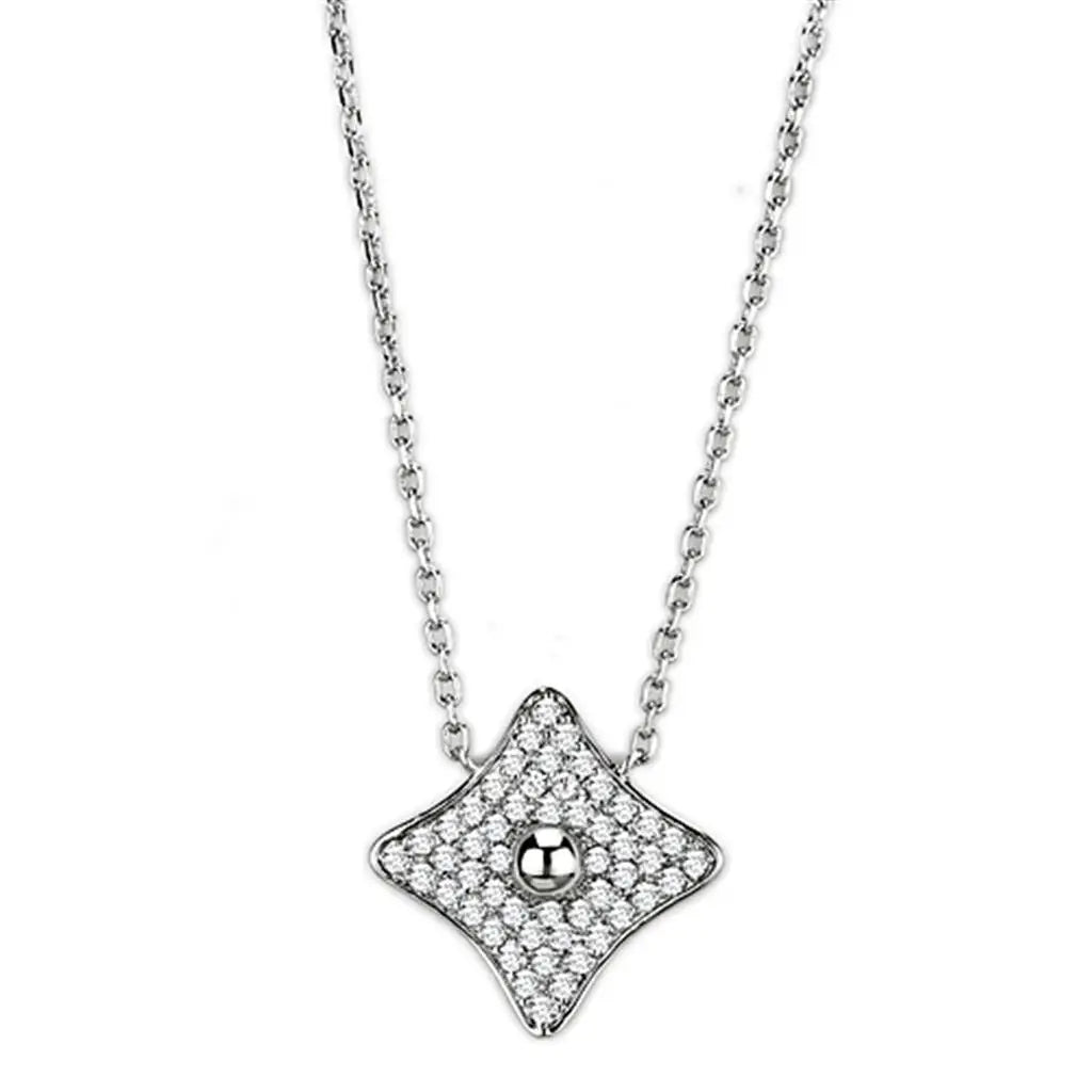 3W430 - Rhodium Brass Necklace with AAA Grade CZ in Clear - Alamode - Flyclothing LLC