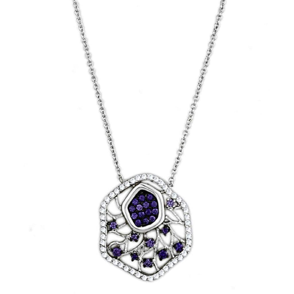 3W438 - Rhodium + Ruthenium Brass Necklace with AAA Grade CZ  in Amethyst - Alamode