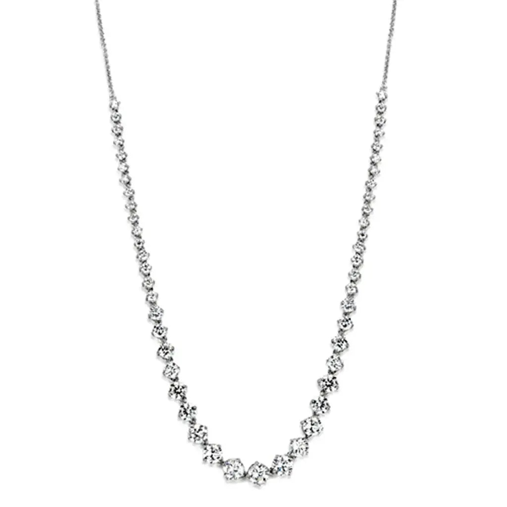 3W440 - Rhodium Brass Necklace with AAA Grade CZ in Clear - Alamode - Flyclothing LLC