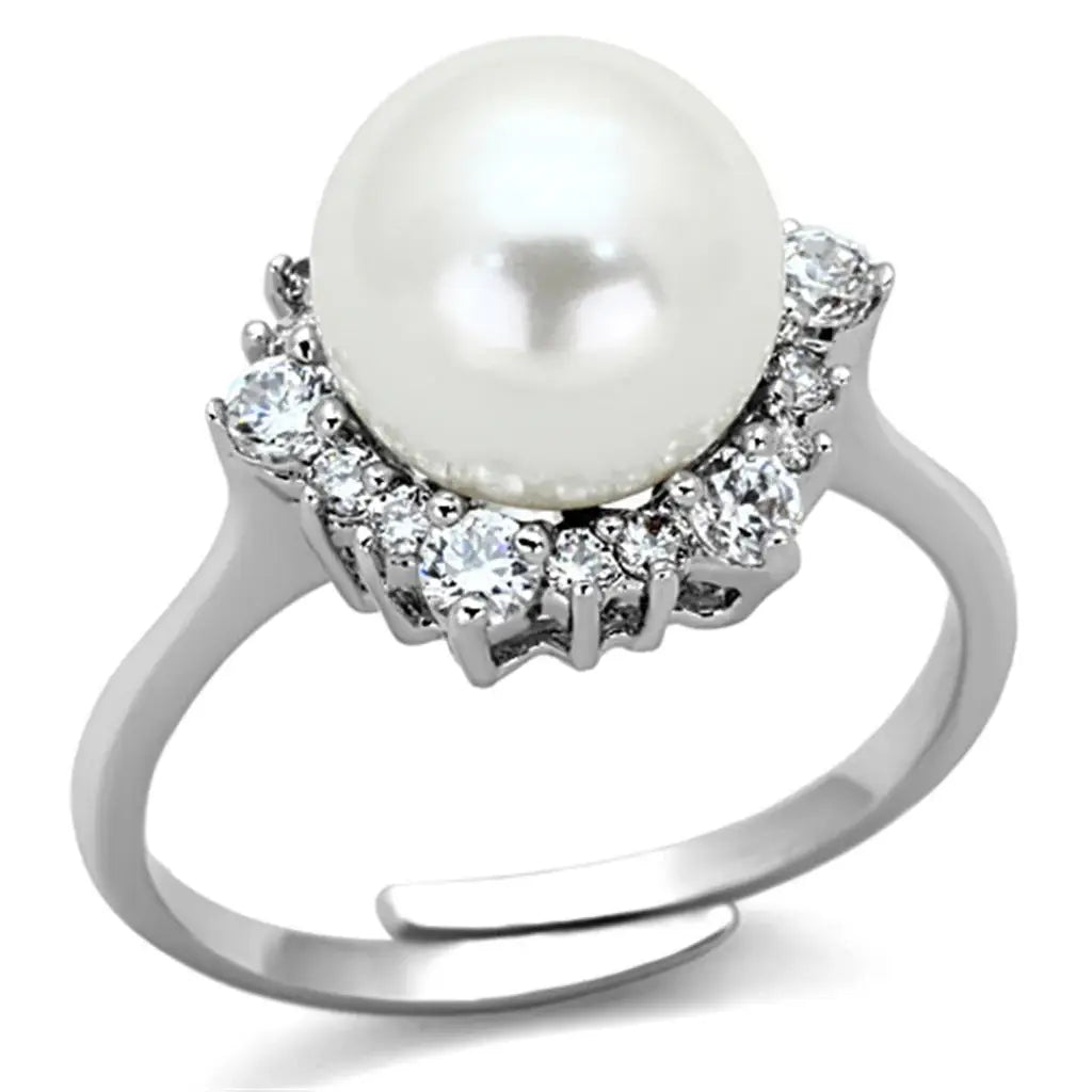 3W477 - Rhodium Brass Ring with Synthetic Pearl in White - Alamode - Flyclothing LLC