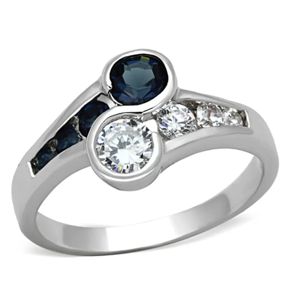 3W494 - Rhodium Brass Ring with Synthetic Synthetic Glass in Sapphire - Alamode - Flyclothing LLC