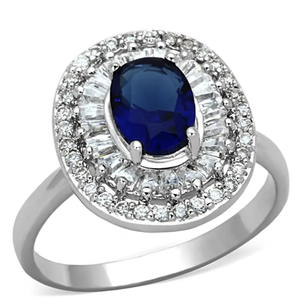 3W495 - Rhodium Brass Ring with Synthetic Synthetic Glass in Sapphire - Alamode - Flyclothing LLC