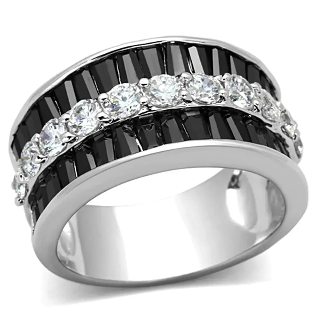 3W513 - Rhodium Brass Ring with AAA Grade CZ in Black Diamond - Alamode - Flyclothing LLC