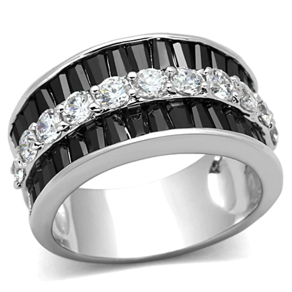 3W513 - Rhodium Brass Ring with AAA Grade CZ  in Black Diamond - Alamode
