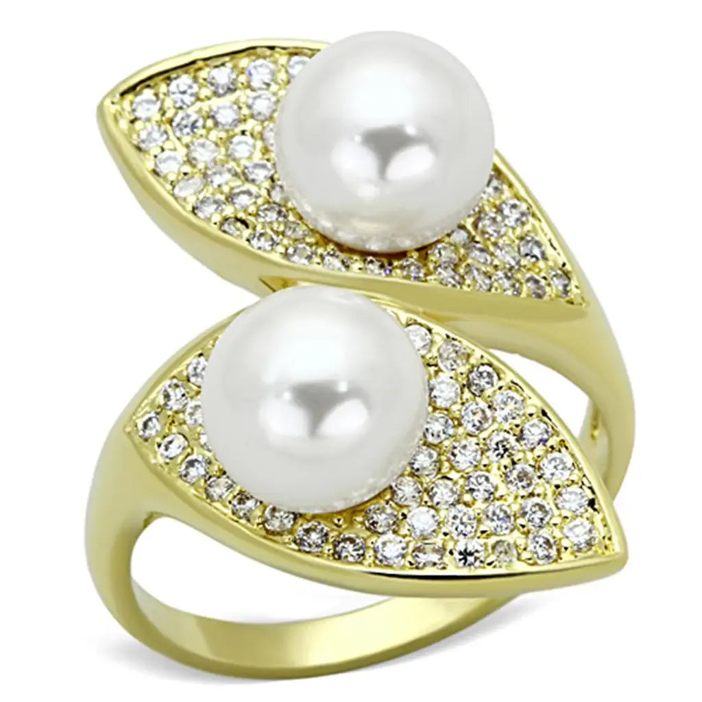 3W522 - Gold Brass Ring with Synthetic Pearl in White - Alamode - Flyclothing LLC