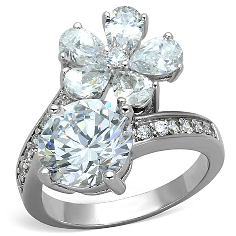 3W576 - Rhodium Brass Ring with AAA Grade CZ  in Clear - Alamode