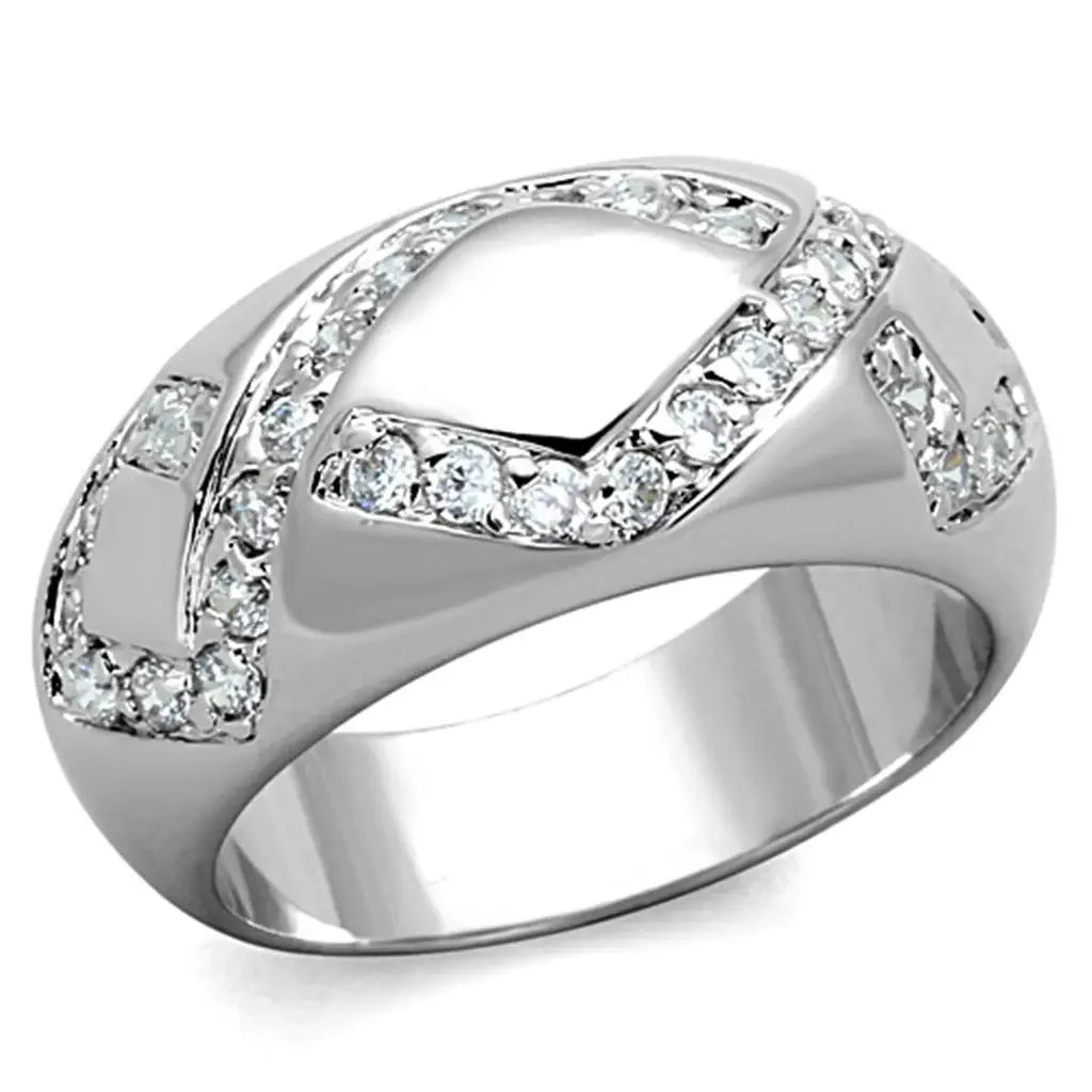 3W582 - Rhodium Brass Ring with AAA Grade CZ in Clear - Alamode - Flyclothing LLC
