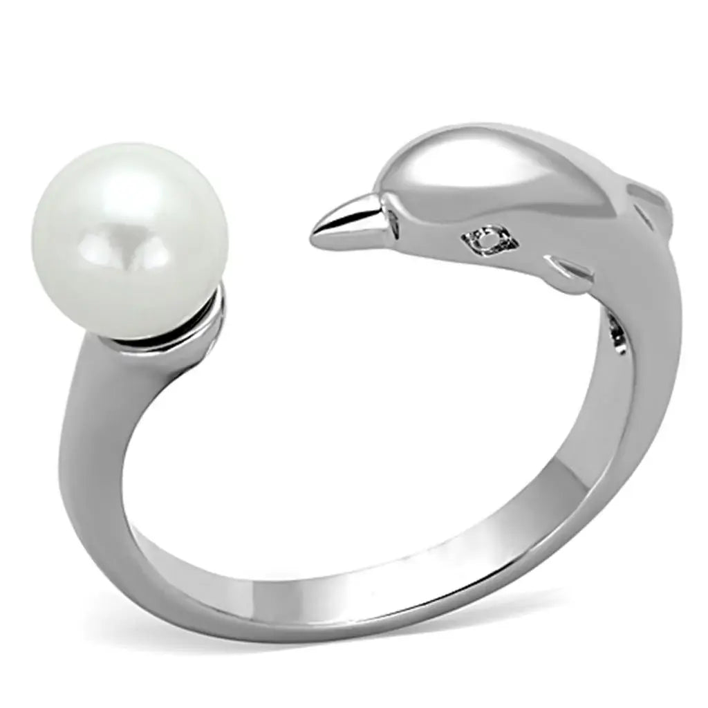 3W587 - Rhodium Brass Ring with Synthetic Pearl in White - Alamode - Flyclothing LLC