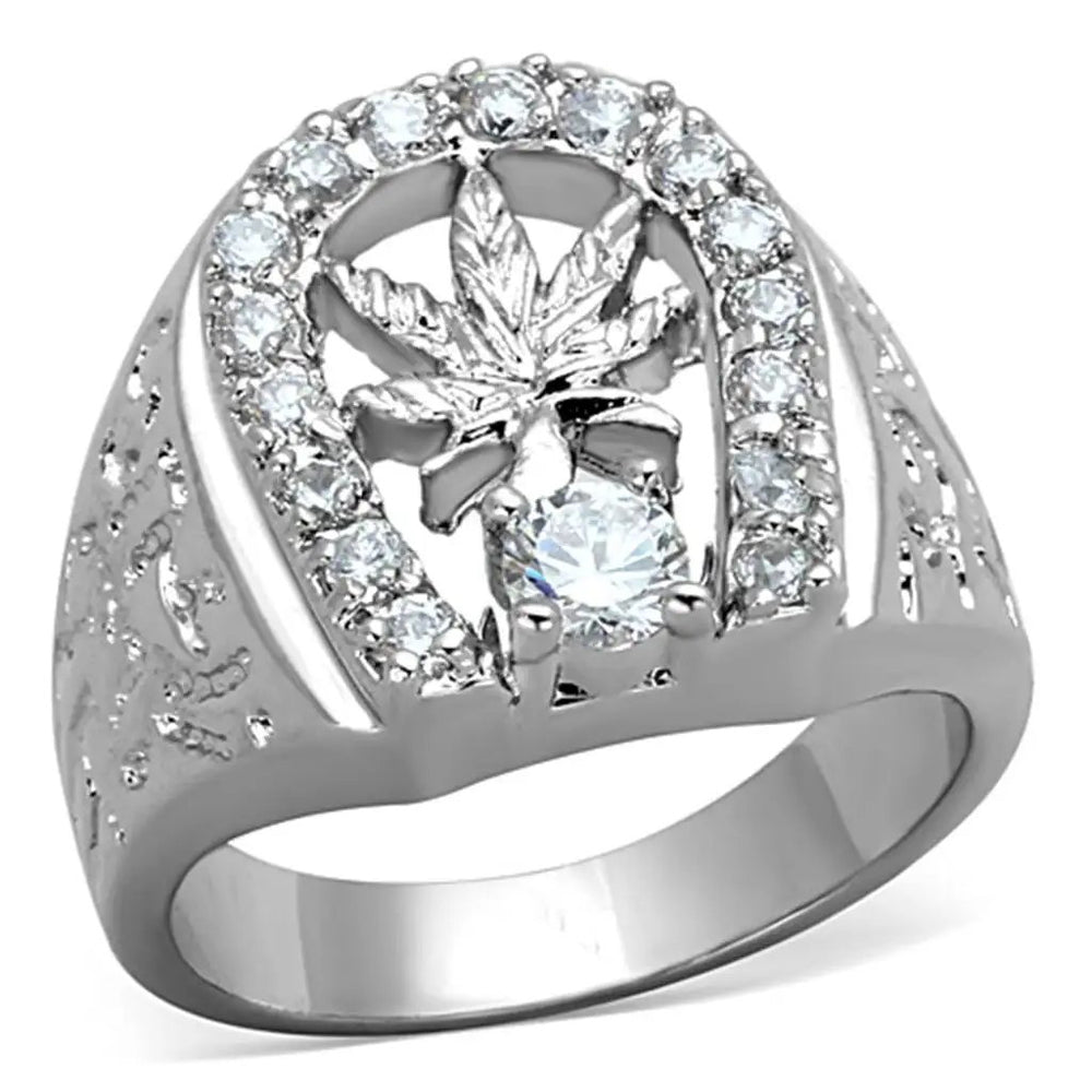 3W595 - Rhodium Brass Ring with AAA Grade CZ  in Clear - Alamode