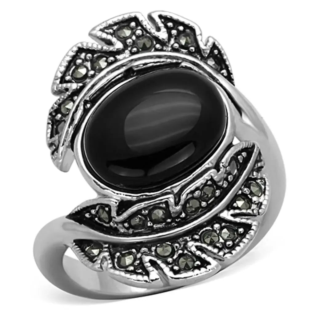 3W597 - Rhodium Brass Ring with Synthetic Onyx in Jet - Alamode - Flyclothing LLC