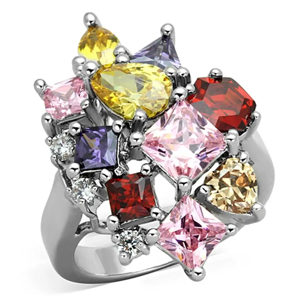 Ela Cocktail Ring - Rhodium Brass, AAA CZ , Multi Color - 3W599 - Alamode - Flyclothing LLC