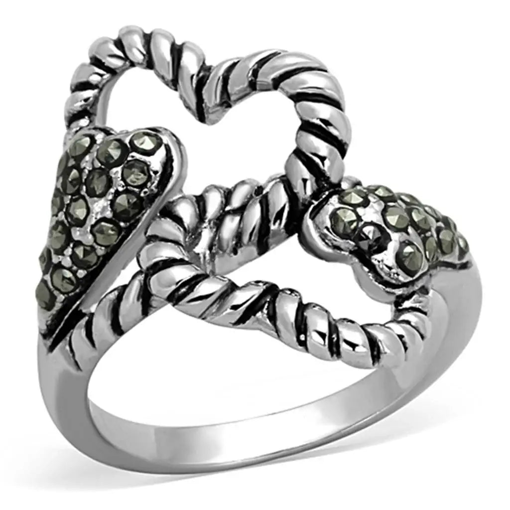 3W608 - Rhodium Brass Ring with Synthetic Marcasite in Black Diamond - Alamode - Flyclothing LLC