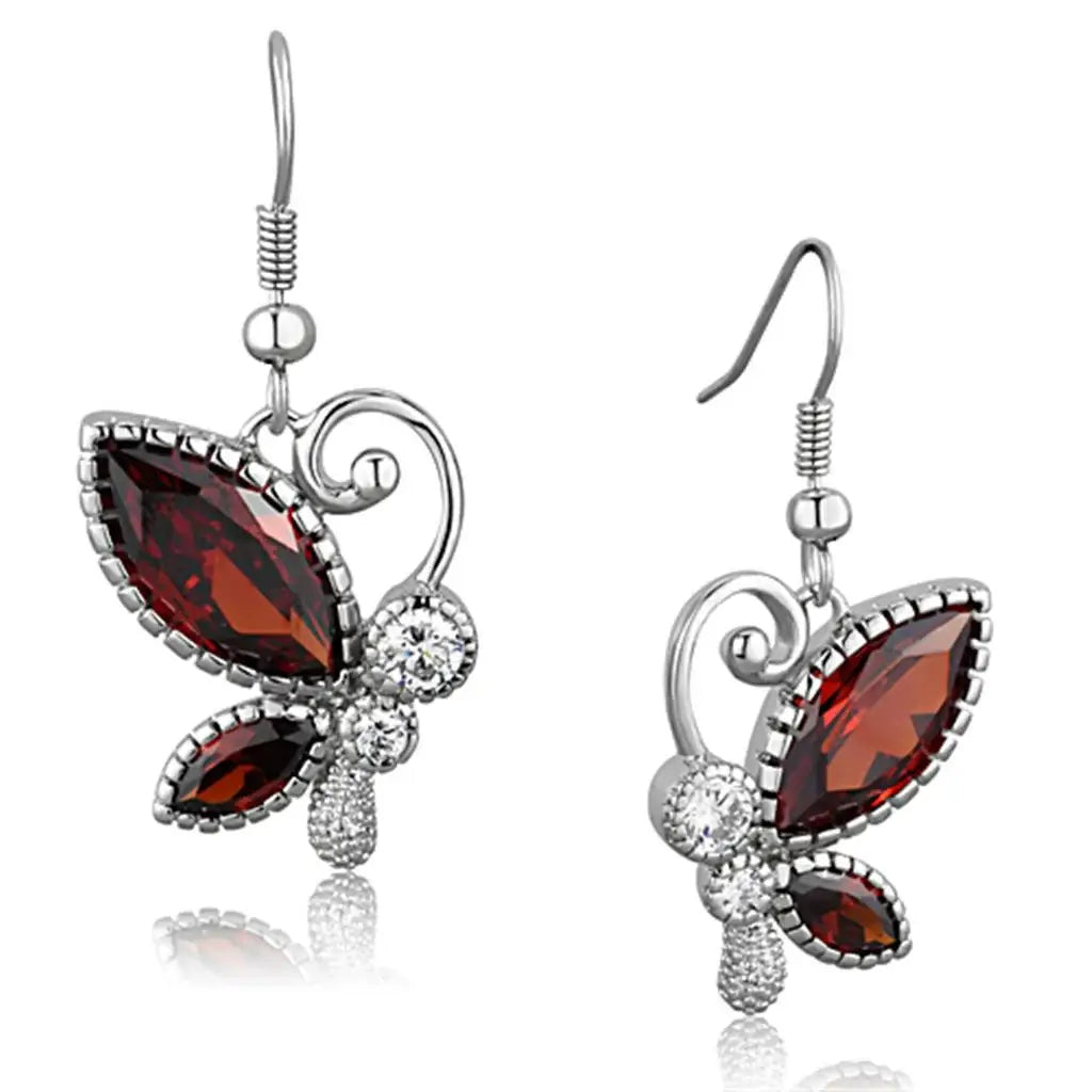 3W613 - Rhodium Brass Earrings with AAA Grade CZ in Garnet - Alamode - Flyclothing LLC