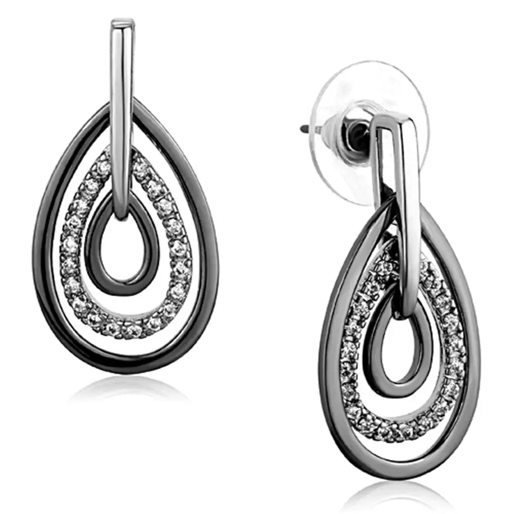3W616 - Rhodium + Ruthenium Brass Earrings with AAA Grade CZ in Clear - Alamode - Flyclothing LLC