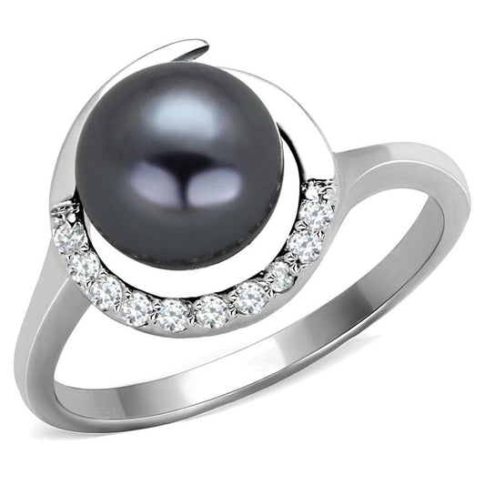 3W629 - Rhodium Brass Ring with Synthetic Pearl in Gray - Alamode - Flyclothing LLC