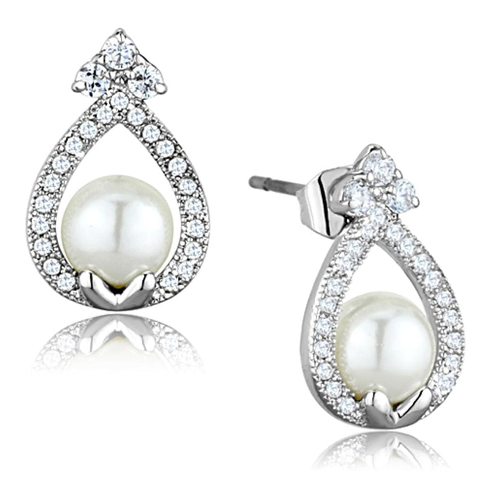 3W665 - Rhodium Brass Earrings with Synthetic Pearl in White - Alamode