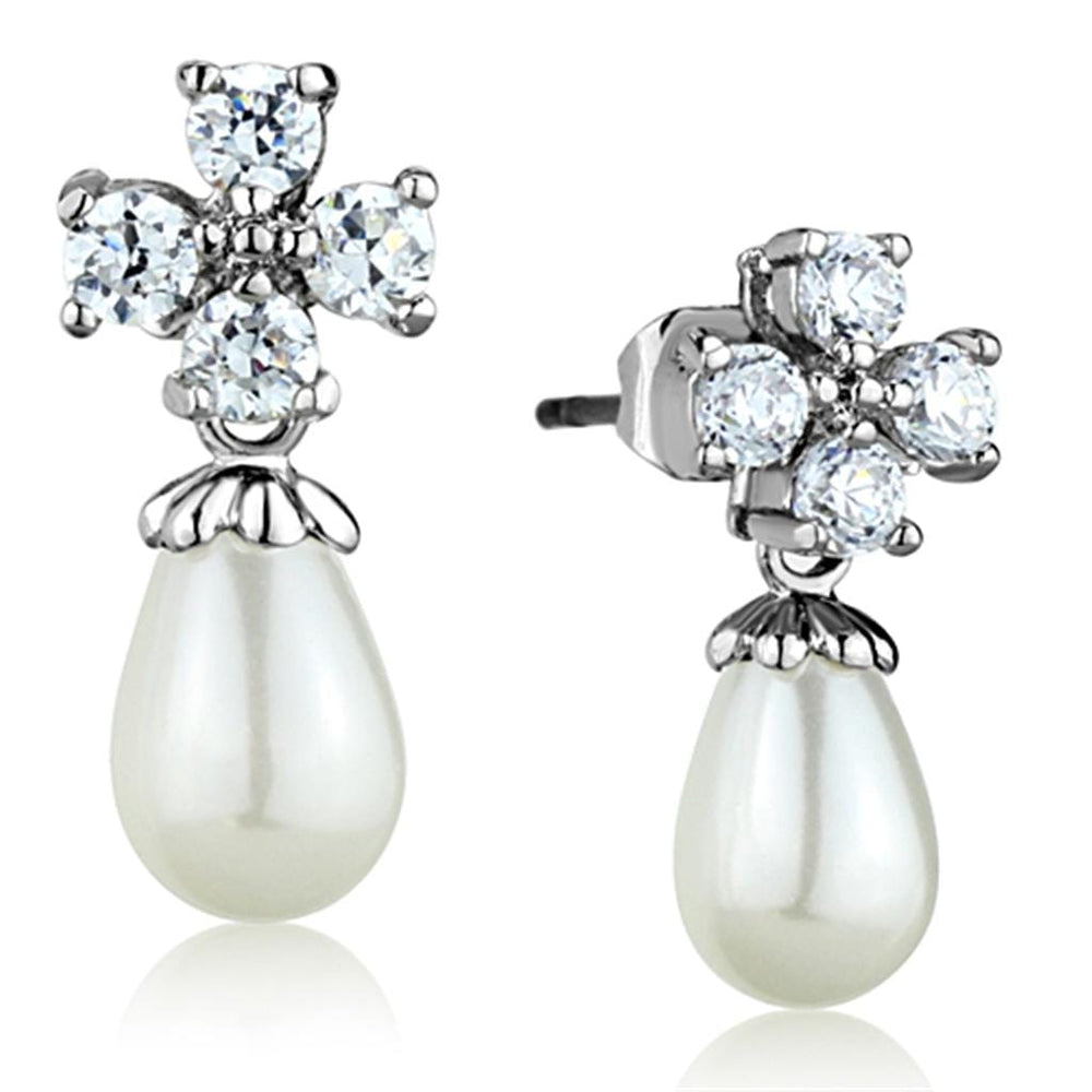 3W672 - Rhodium Brass Earrings with Synthetic Pearl in White - Alamode