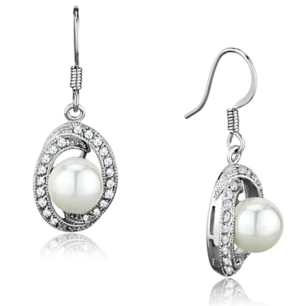 3W673 - Rhodium Brass Earrings with Synthetic Pearl in White - Alamode - Flyclothing LLC