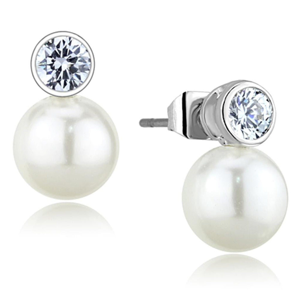 3W681 - Rhodium Brass Earrings with Synthetic Pearl in White - Alamode