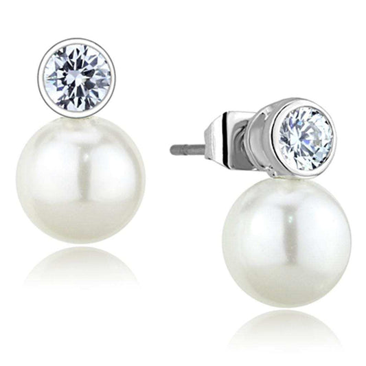 3W681 - Rhodium Brass Earrings with Synthetic Pearl in White - Alamode - Flyclothing LLC