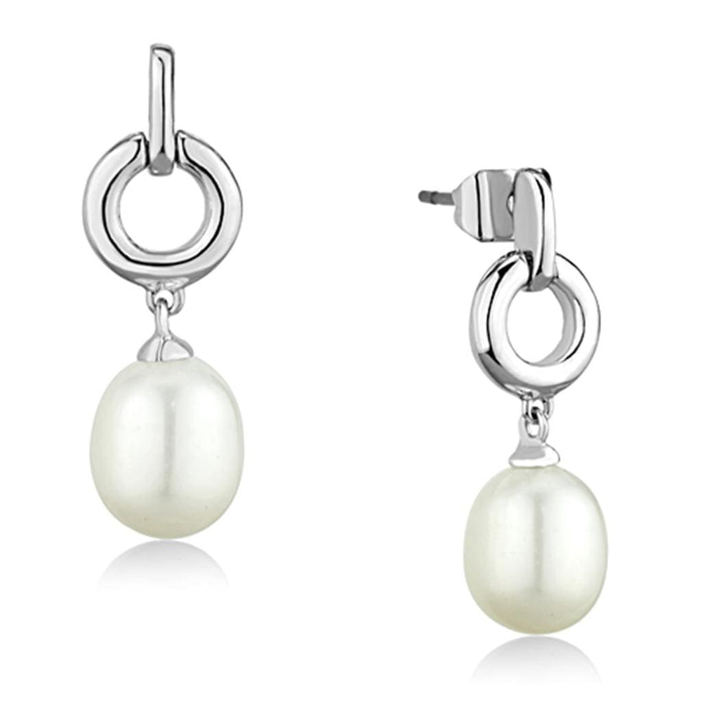 3W684 - Rhodium Brass Earrings with Synthetic Pearl in White - Alamode