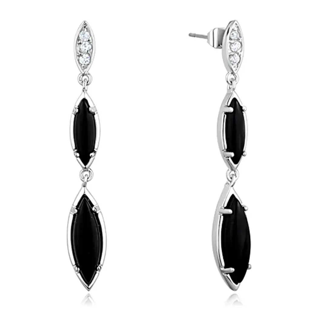 3W702 - Rhodium Brass Earrings with Synthetic Onyx in Jet - Alamode - Flyclothing LLC