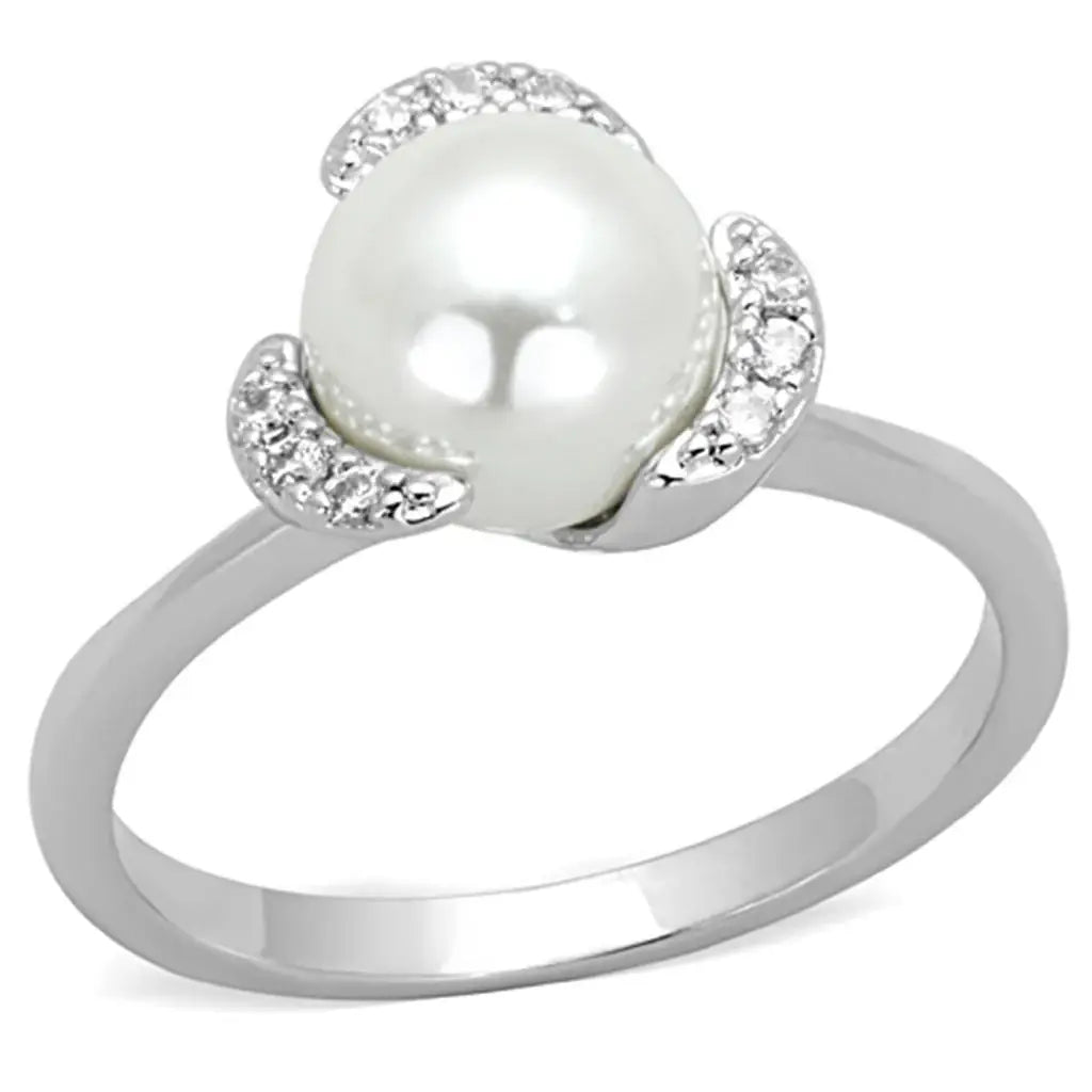 3W721 - Rhodium Brass Ring with Synthetic Pearl in White - Alamode - Flyclothing LLC