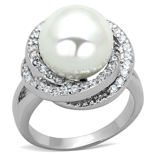 3W759 - Rhodium Brass Ring with Synthetic Pearl in White - Alamode - Flyclothing LLC
