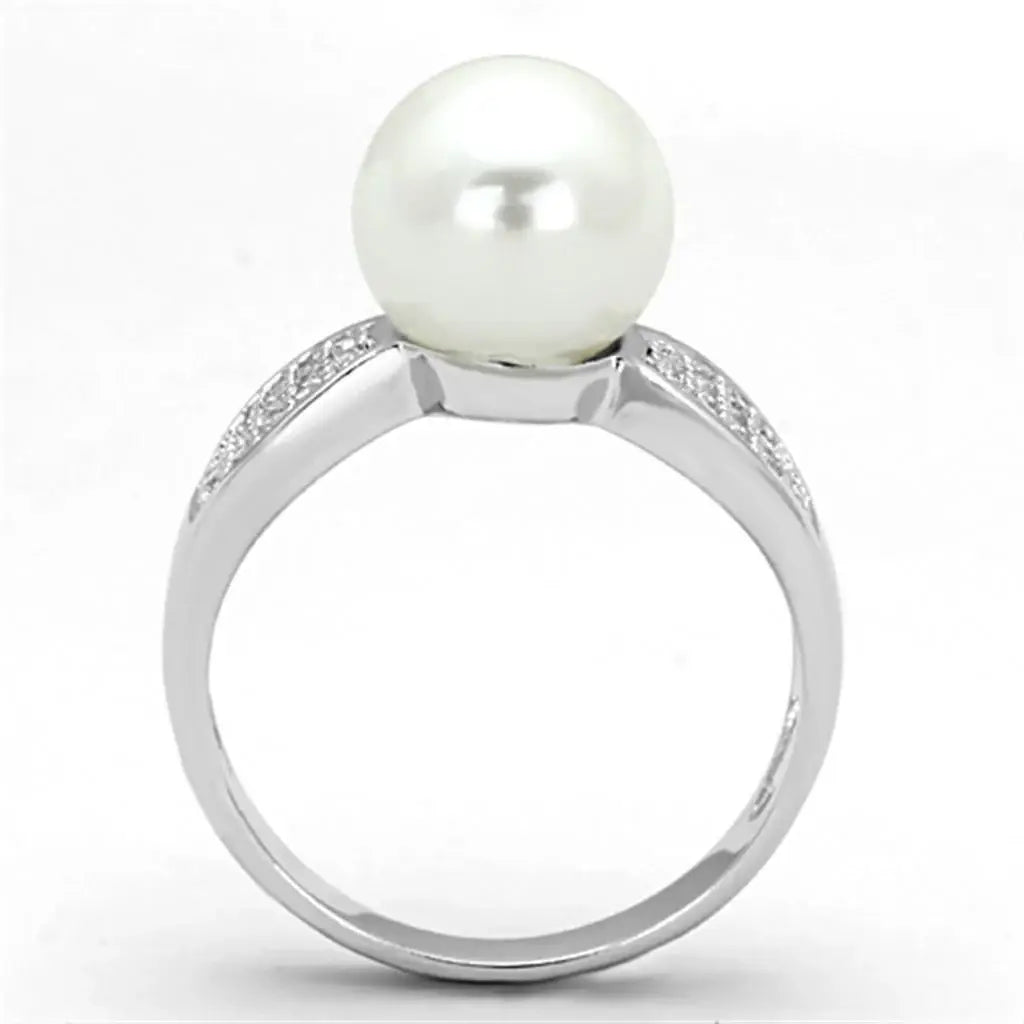 3W761 - Rhodium Brass Ring with Synthetic Pearl in White - Alamode - Flyclothing LLC