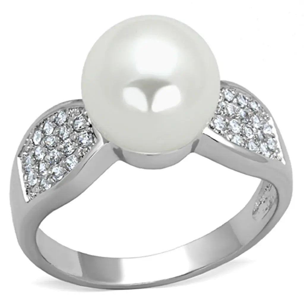 3W761 - Rhodium Brass Ring with Synthetic Pearl in White - Alamode - Flyclothing LLC
