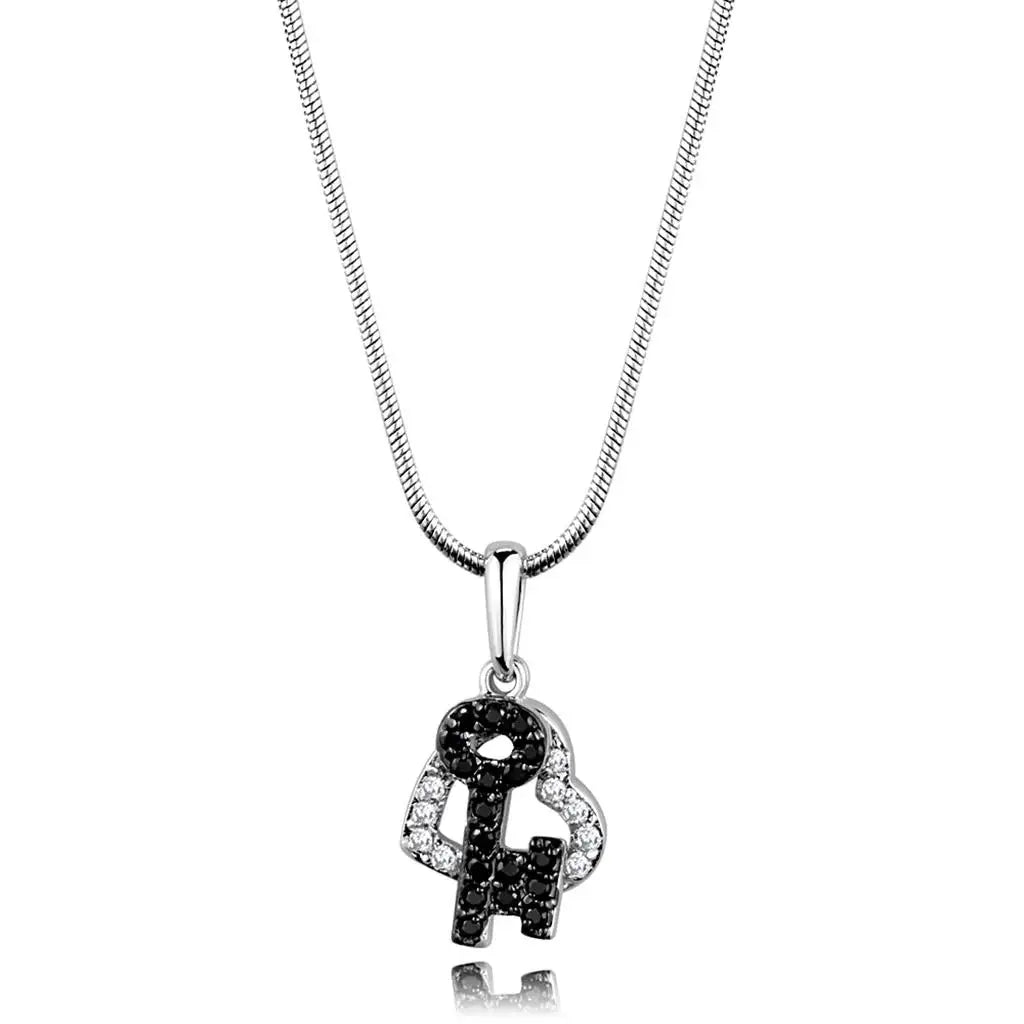 3W799 - Rhodium + Ruthenium Brass Chain Pendant with AAA Grade CZ in Black Diamond - Alamode - Flyclothing LLC