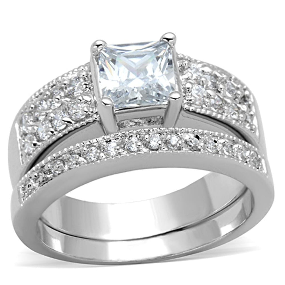 3W817 - Rhodium Brass Ring with AAA Grade CZ  in Clear - Alamode