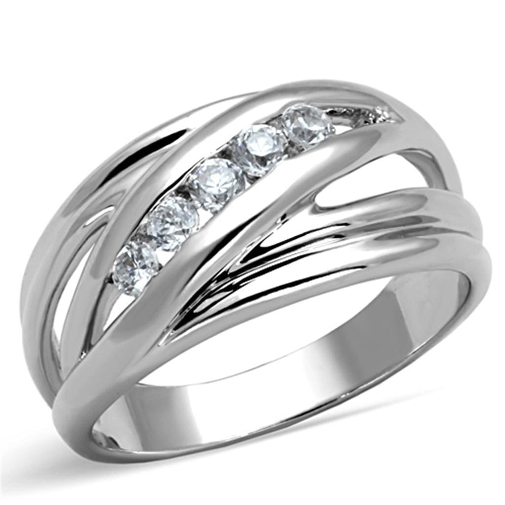 3W830 - Rhodium Brass Ring with AAA Grade CZ  in Clear - Alamode