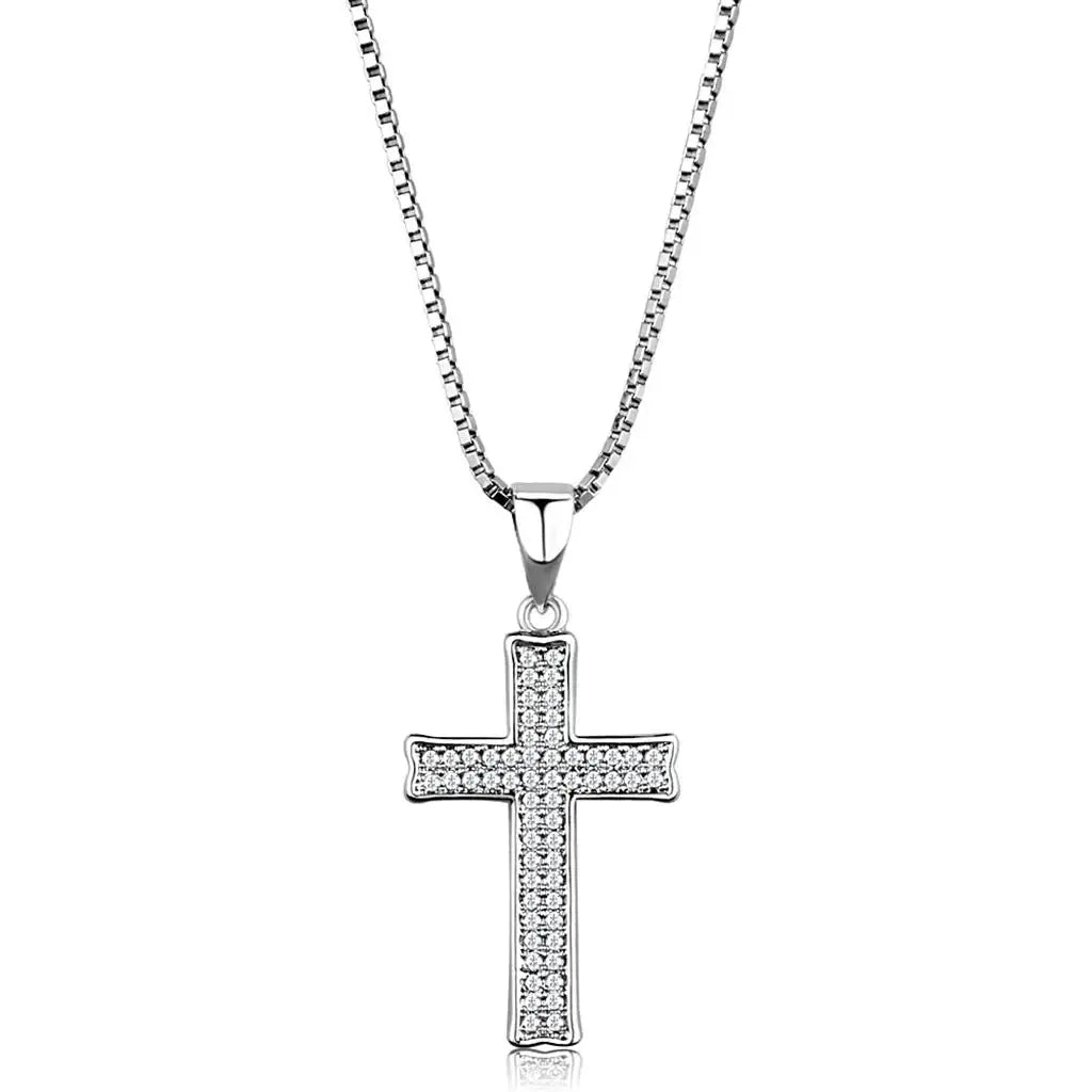 3W846 - Rhodium Brass Chain Pendant with AAA Grade CZ in Clear - Alamode - Flyclothing LLC