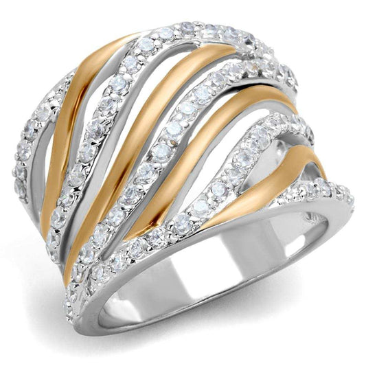 3W857 - Rose Gold + Rhodium Brass Ring with AAA Grade CZ in Clear - Alamode - Flyclothing LLC