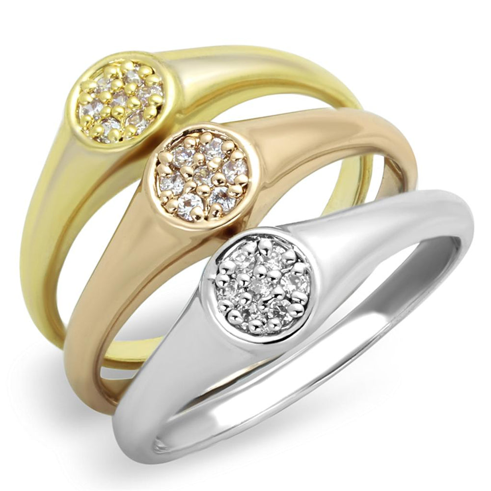 3W862 - Rhodium + Gold + Rose Gold Brass Ring with AAA Grade CZ  in Clear - Alamode