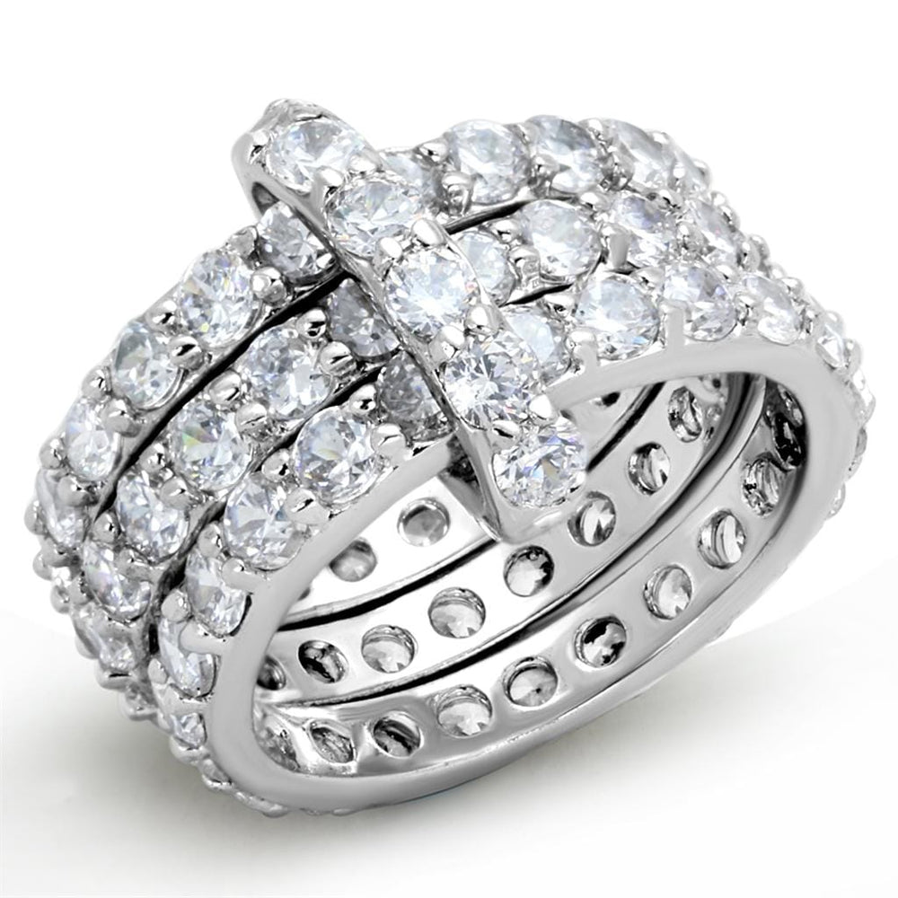 3W875 - Rhodium Brass Ring with AAA Grade CZ  in Clear - Alamode