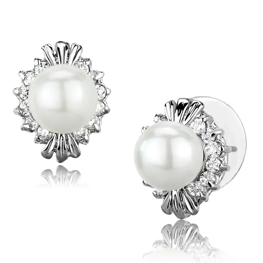 3W886 - Rhodium Brass Earrings with Synthetic Pearl in White - Alamode - Flyclothing LLC