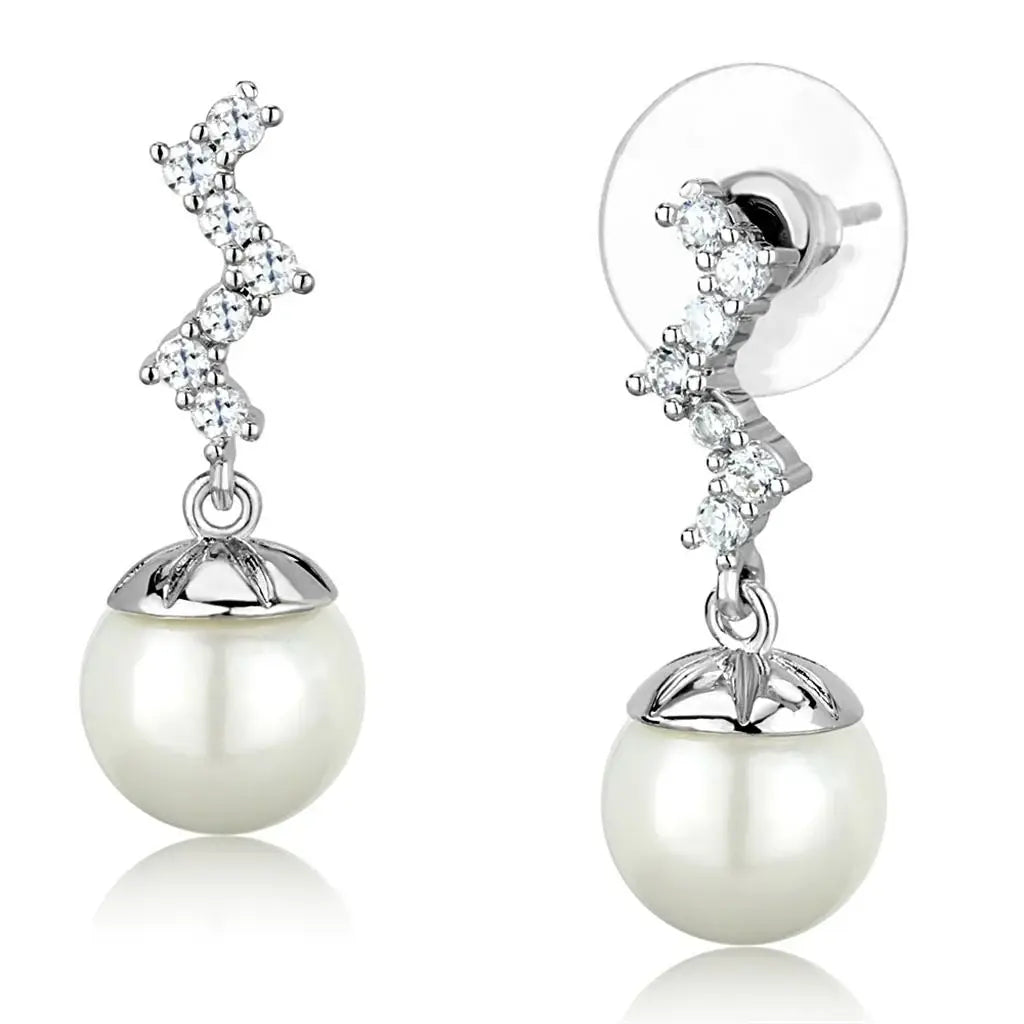 3W894 - Rhodium Brass Earrings with Synthetic Pearl in White - Alamode - Flyclothing LLC