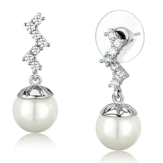 3W894 - Rhodium Brass Earrings with Synthetic Pearl in White - Alamode - Flyclothing LLC