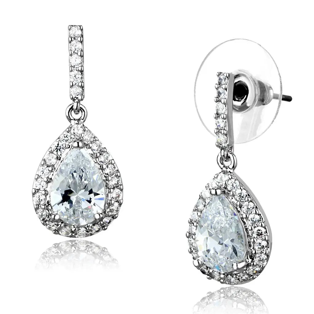 3W903 - Rhodium Brass Earrings with AAA Grade CZ in Clear - Alamode - Flyclothing LLC