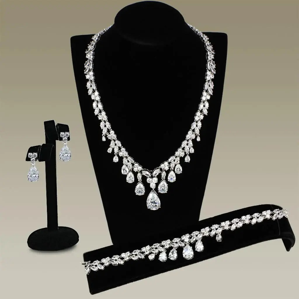 3W925 - Rhodium Brass Jewelry Sets with AAA Grade CZ in Clear - Alamode - Flyclothing LLC