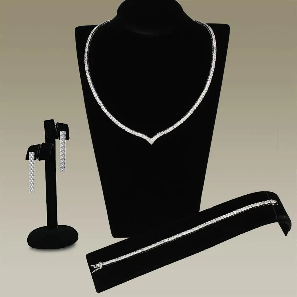 3W938 - Rhodium Brass Jewelry Sets with AAA Grade CZ in Clear - Alamode - Flyclothing LLC