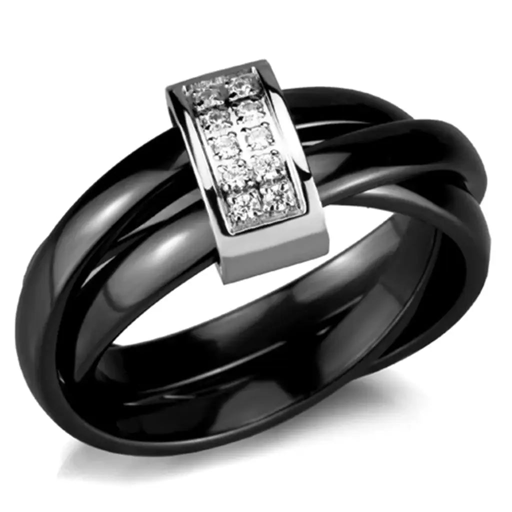 3W950 - High polished (no plating) Stainless Steel Ring with Ceramic in Jet - Alamode - Flyclothing LLC