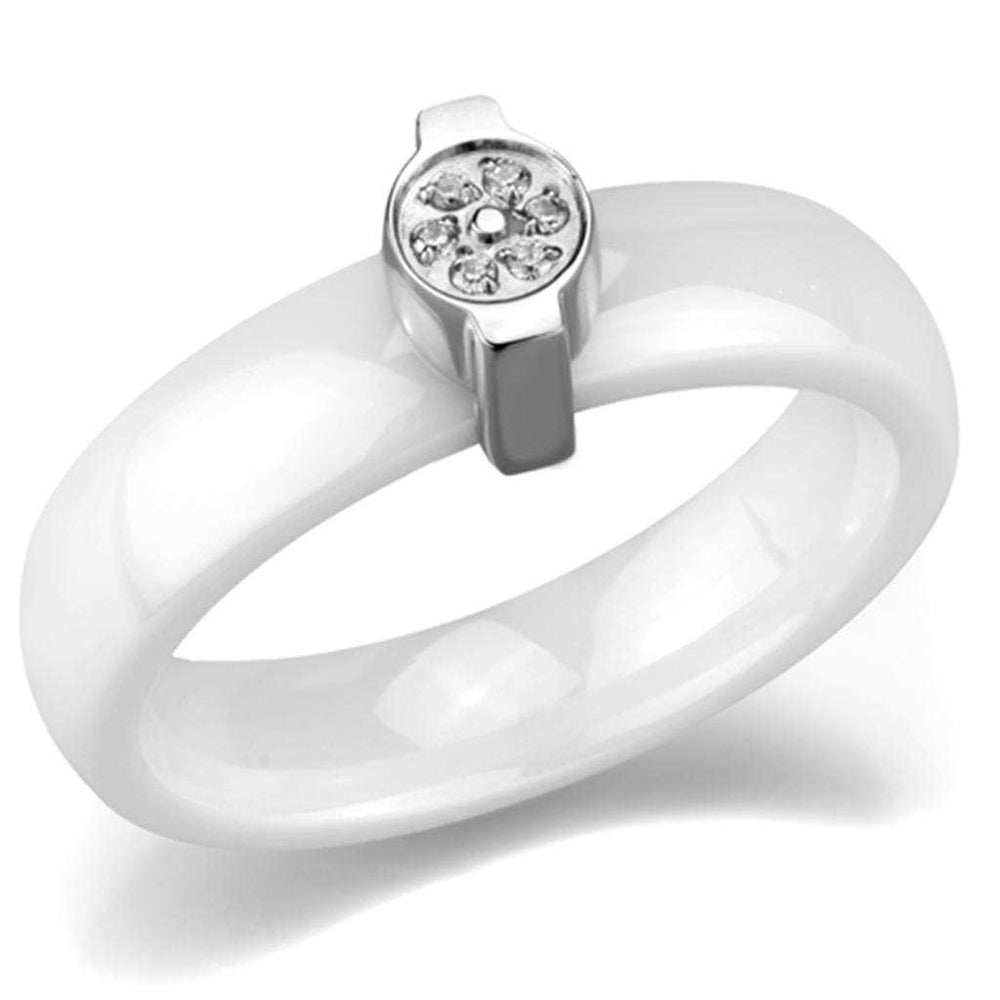 3W958 - High polished (no plating) Stainless Steel Ring with Ceramic in White - Alamode - Flyclothing LLC