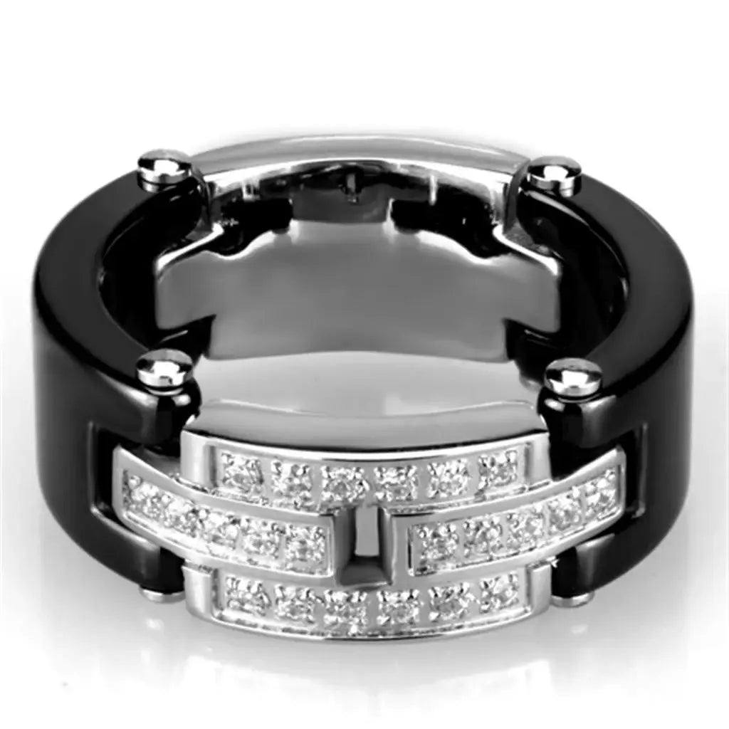 3W976 - High polished (no plating) Stainless Steel Ring with Ceramic in Jet - Alamode - Flyclothing LLC