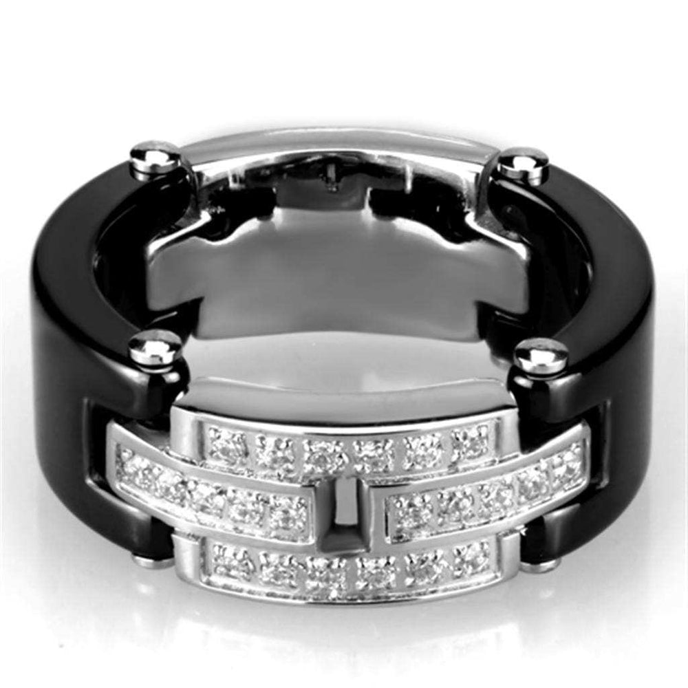 3W976 - High polished (no plating) Stainless Steel Ring with Ceramic in Jet - Alamode - Flyclothing LLC